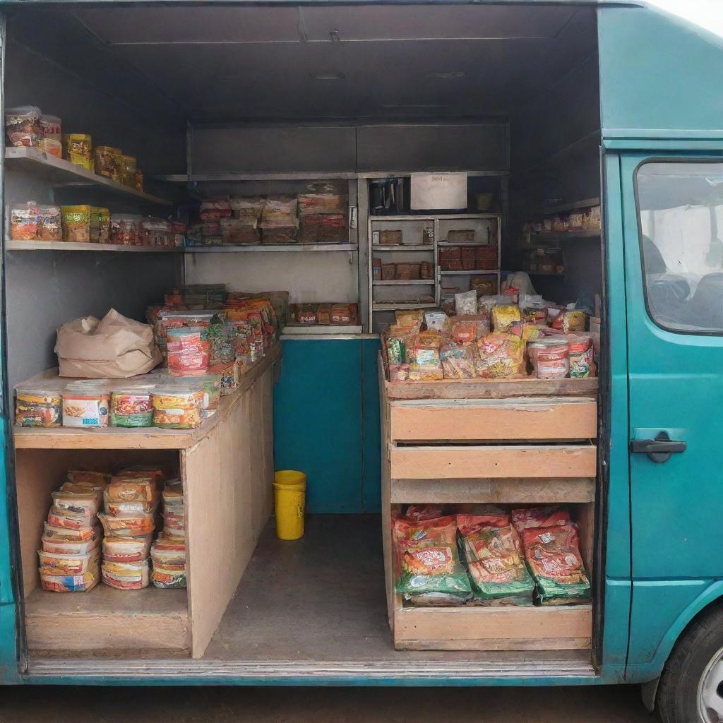 A standard food shop inside a well-equipped mobile van