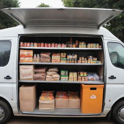 A standard food shop inside a well-equipped mobile van