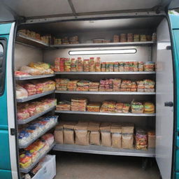 A standard food shop inside a well-equipped mobile van