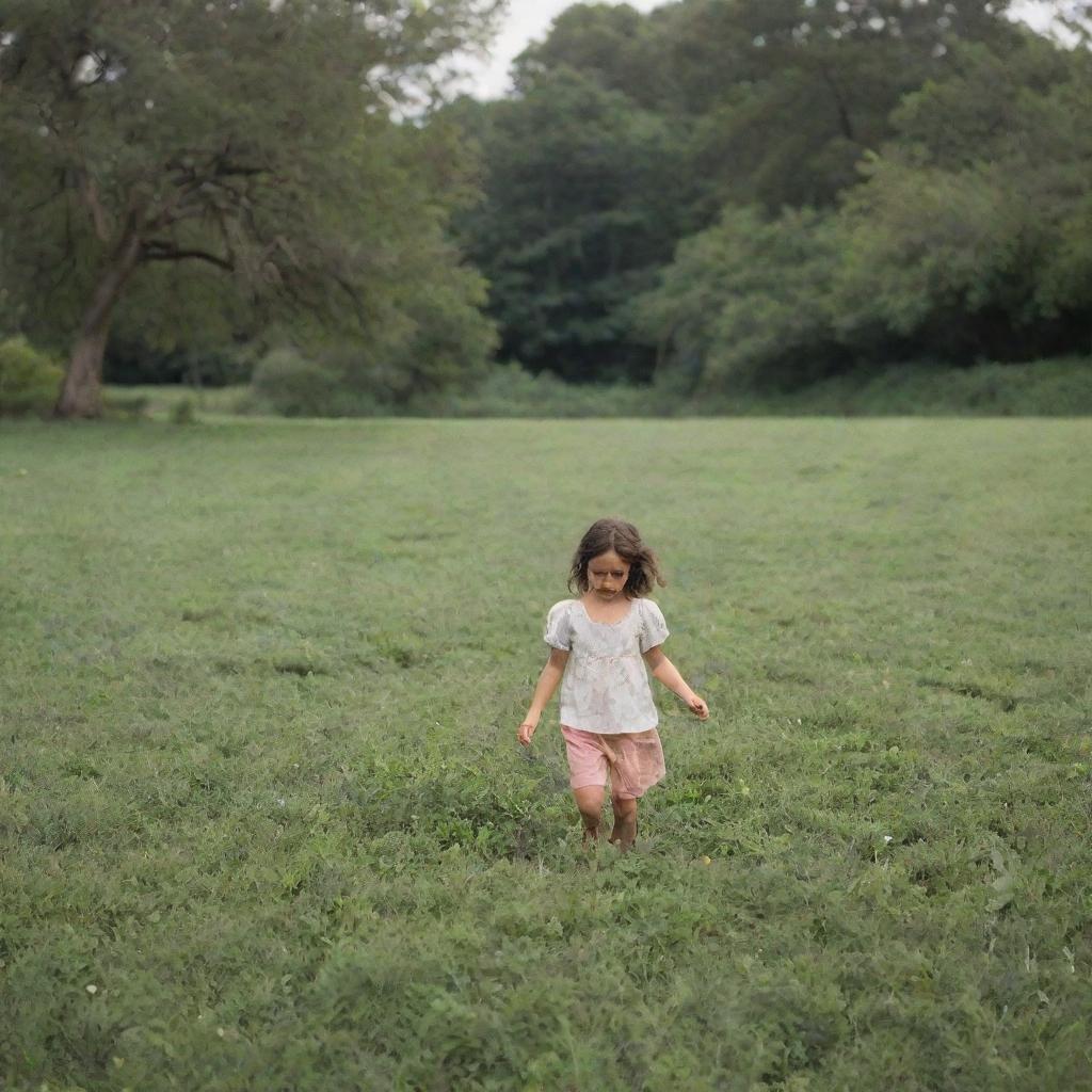 A young girl playing in a lush, open landscape