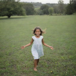 A young girl playing in a lush, open landscape