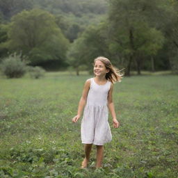 A young girl playing in a lush, open landscape