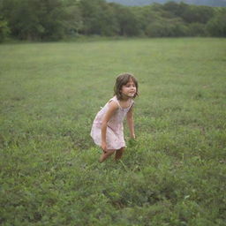 A young girl playing in a lush, open landscape