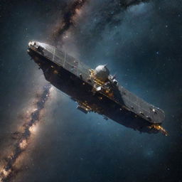 An oil and petrol carrier ship traversing the vastness of deep space, surrounded by countless stars and celestial bodies.