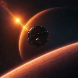 A spacecraft effortlessly cruises through the cosmos, heading towards a breathtakingly vibrant and fiery space sunset.