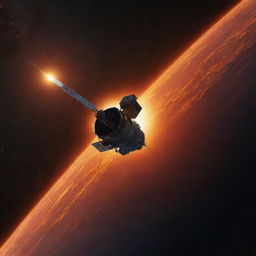 A spacecraft effortlessly cruises through the cosmos, heading towards a breathtakingly vibrant and fiery space sunset.