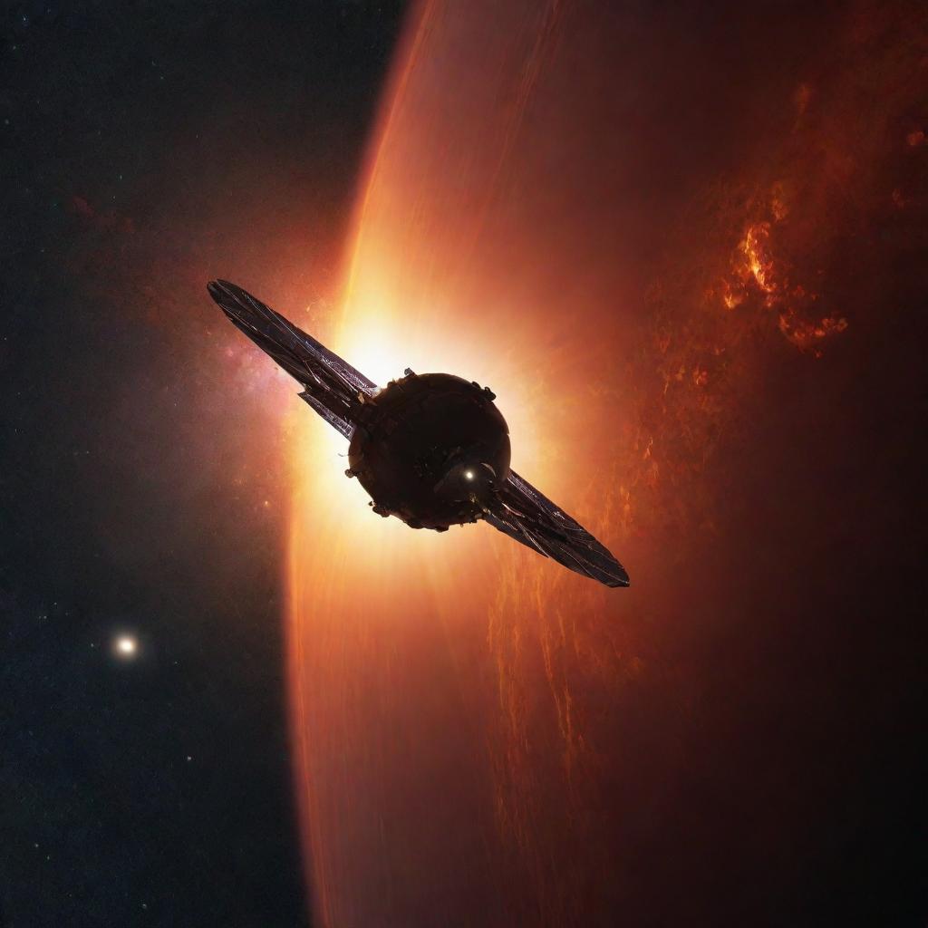 A spacecraft effortlessly cruises through the cosmos, heading towards a breathtakingly vibrant and fiery space sunset.