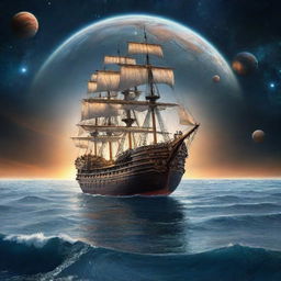 A majestic ship sailing calmly on an ocean, with a surreal backdrop of various planets hanging in the sky.