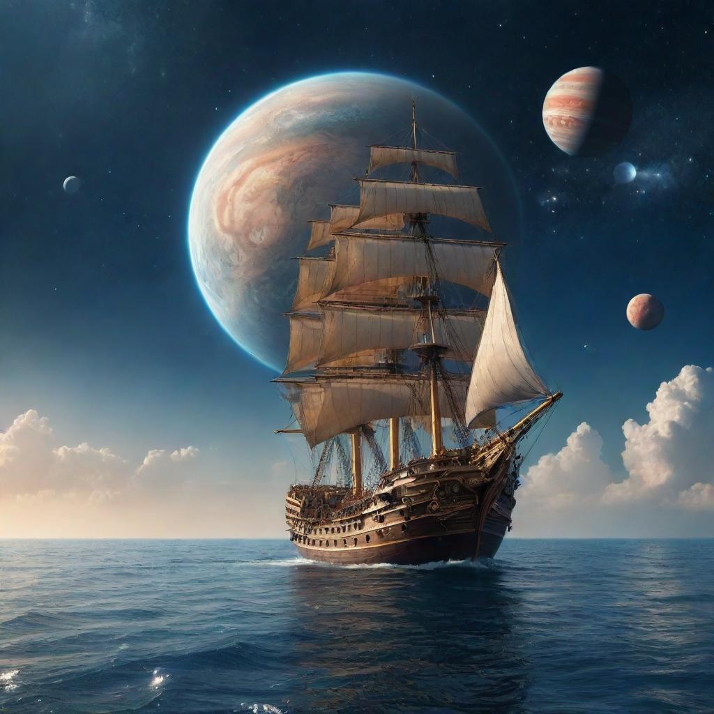 A majestic ship sailing calmly on an ocean, with a surreal backdrop of various planets hanging in the sky.