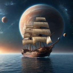 A majestic ship sailing calmly on an ocean, with a surreal backdrop of various planets hanging in the sky.