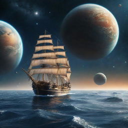 A majestic ship sailing calmly on an ocean, with a surreal backdrop of various planets hanging in the sky.