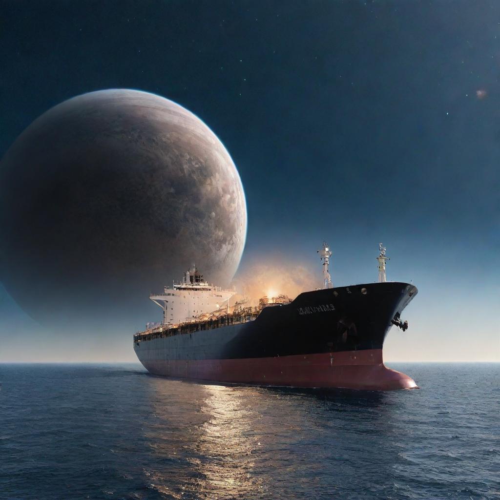 A large tanker ship glides smoothly across the sea, underneath an otherworldly sky dotted with various planets.