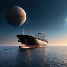 A large tanker ship glides smoothly across the sea, underneath an otherworldly sky dotted with various planets.