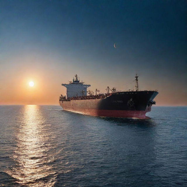 A large tanker ship glides smoothly across the sea, underneath an otherworldly sky dotted with various planets.