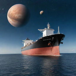 A large tanker ship glides smoothly across the sea, underneath an otherworldly sky dotted with various planets.