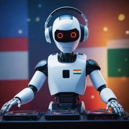 A sophisticated AI robot acting as a DJ, equipped with a massive sound system, surrounded by shimmering lights and with a vibrant Indian flag unrolling majestically in the background