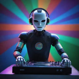 A sophisticated AI robot acting as a DJ, equipped with a massive sound system, surrounded by shimmering lights and with a vibrant Indian flag unrolling majestically in the background