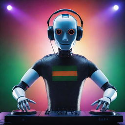 A sophisticated AI robot acting as a DJ, equipped with a massive sound system, surrounded by shimmering lights and with a vibrant Indian flag unrolling majestically in the background