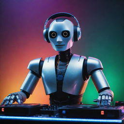 A sophisticated AI robot acting as a DJ, equipped with a massive sound system, surrounded by shimmering lights and with a vibrant Indian flag unrolling majestically in the background