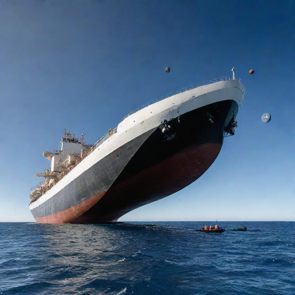 A large tanker ship sails across the sea, surrounded by astronauts floating in the air, with a sky filled with various planets in the backdrop.