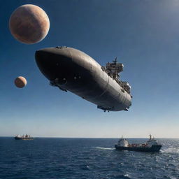 A large tanker ship sails across the sea, surrounded by astronauts floating in the air, with a sky filled with various planets in the backdrop.