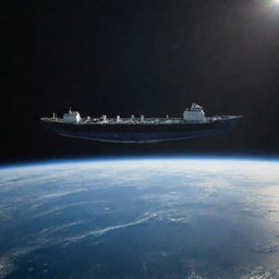 A large tanker ship sails across the sea, surrounded by astronauts floating in the air, with a sky filled with various planets in the backdrop.