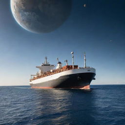 A large tanker ship sails across the sea, surrounded by astronauts floating in the air, with a sky filled with various planets in the backdrop.