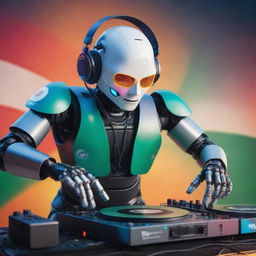 A futuristic AI robot intricately spinning a DJ set amidst the thrilling ambiance of a music festival. The vibrant Indian flag waves grandly in the background, resonating with the beats