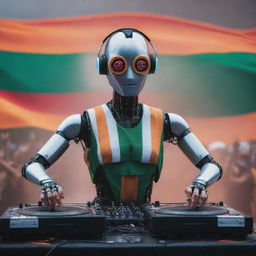 A futuristic AI robot intricately spinning a DJ set amidst the thrilling ambiance of a music festival. The vibrant Indian flag waves grandly in the background, resonating with the beats