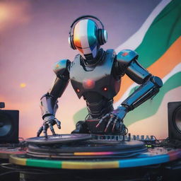 A futuristic AI robot intricately spinning a DJ set amidst the thrilling ambiance of a music festival. The vibrant Indian flag waves grandly in the background, resonating with the beats