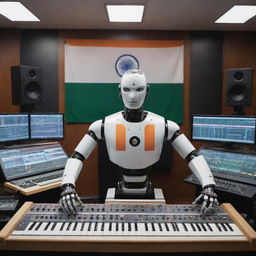 An advanced AI robot creating music in a high-tech studio filled with synthesizers, mixing boards, and audio equipment. The Indian flag is prominently displayed in the background.