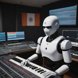 An advanced AI robot creating music in a high-tech studio filled with synthesizers, mixing boards, and audio equipment. The Indian flag is prominently displayed in the background.