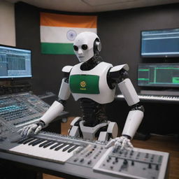 An advanced AI robot creating music in a high-tech studio filled with synthesizers, mixing boards, and audio equipment. The Indian flag is prominently displayed in the background.