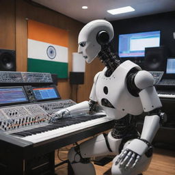 An advanced AI robot creating music in a high-tech studio filled with synthesizers, mixing boards, and audio equipment. The Indian flag is prominently displayed in the background.