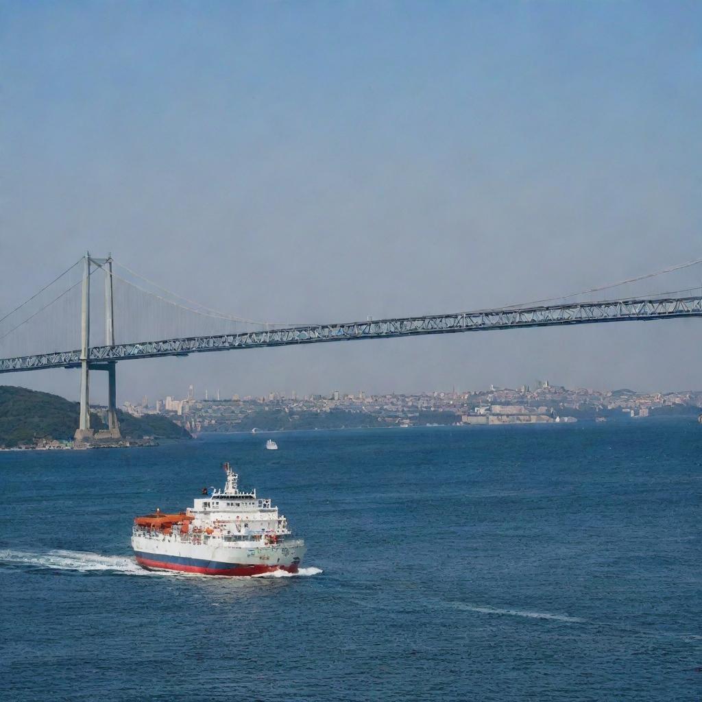 A large tanker ship sails under the iconic Istanbul Bosporus Bridge, the blue sea sparkling beneath it.