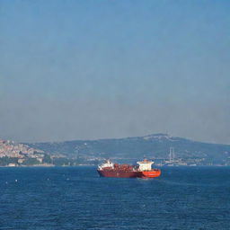 A large tanker ship sails under the iconic Istanbul Bosporus Bridge, the blue sea sparkling beneath it.