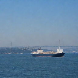 A large tanker ship sails under the iconic Istanbul Bosporus Bridge, the blue sea sparkling beneath it.