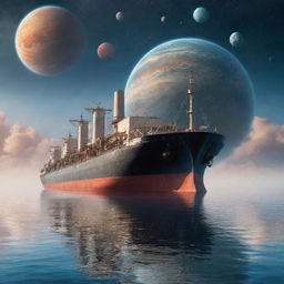 A large tanker ship sailing on serene waters under a surreal sky dotted with vividly detailed, colossal planets.