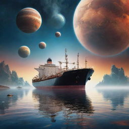 A large tanker ship sailing on serene waters under a surreal sky dotted with vividly detailed, colossal planets.