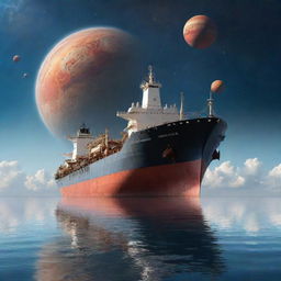 A large tanker ship sailing on serene waters under a surreal sky dotted with vividly detailed, colossal planets.