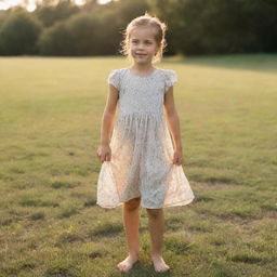 A young girl standing barefoot on grass, wearing a light, summer dress, her hair pulled back in a loose ponytail, glowing in the warm sunlight.