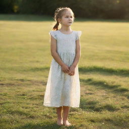 A young girl standing barefoot on grass, wearing a light, summer dress, her hair pulled back in a loose ponytail, glowing in the warm sunlight.