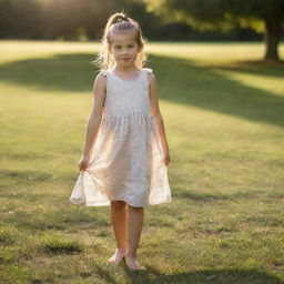 A young girl standing barefoot on grass, wearing a light, summer dress, her hair pulled back in a loose ponytail, glowing in the warm sunlight.