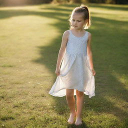 A young girl standing barefoot on grass, wearing a light, summer dress, her hair pulled back in a loose ponytail, glowing in the warm sunlight.