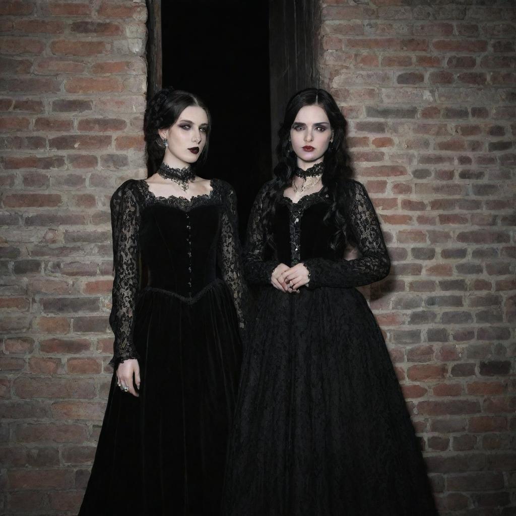 Two goth girls in mid-20s, dressed in dark victorian-inspired fashion, with black lace, velvet clothing, and silver jewelry, standing against an ancient brick wall, under the moonlight.