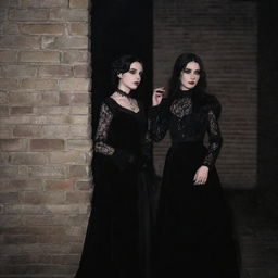 Two goth girls in mid-20s, dressed in dark victorian-inspired fashion, with black lace, velvet clothing, and silver jewelry, standing against an ancient brick wall, under the moonlight.