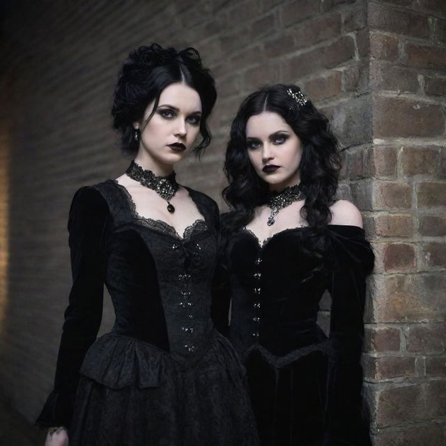 Two goth girls in mid-20s, dressed in dark victorian-inspired fashion, with black lace, velvet clothing, and silver jewelry, standing against an ancient brick wall, under the moonlight.