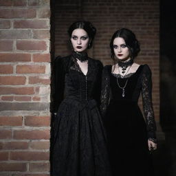 Two goth girls in mid-20s, dressed in dark victorian-inspired fashion, with black lace, velvet clothing, and silver jewelry, standing against an ancient brick wall, under the moonlight.