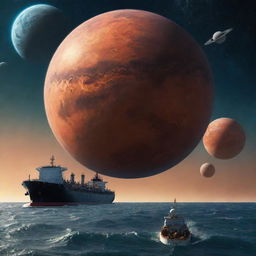 A large tanker ship navigating the open sea, a backdrop of surreal gigantic planets with astronauts floating in the space-like atmosphere.