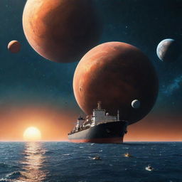 A large tanker ship navigating the open sea, a backdrop of surreal gigantic planets with astronauts floating in the space-like atmosphere.